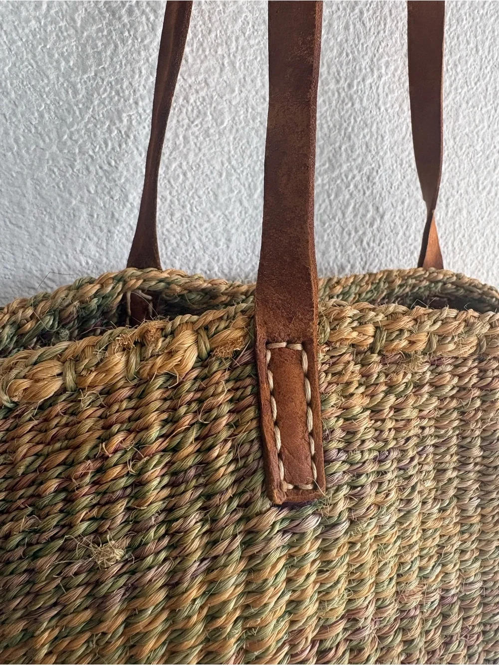 Woven Straw Tote Bag with Brown Leather Straps